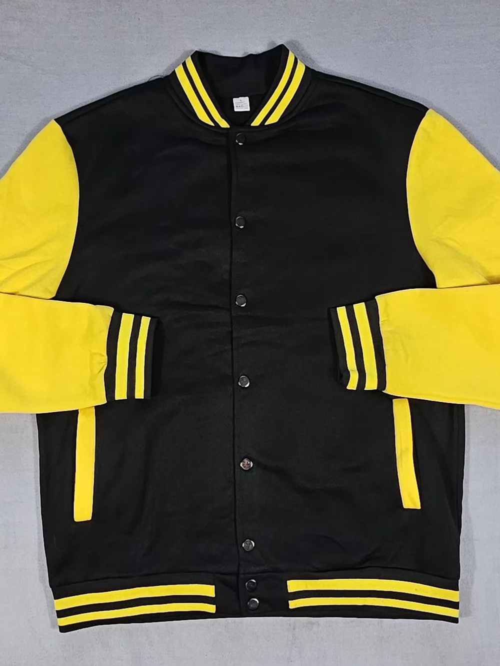 Men’s Varsity Jacket Black Yellow Graphic Back Streetwear Snap Button Size L NEW
